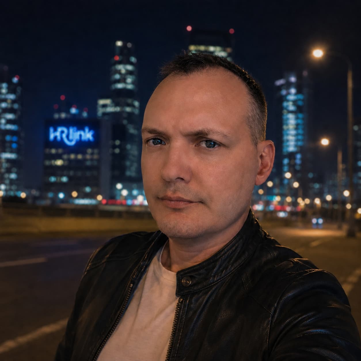 Портрет Сергея Гяча на фоне ночного города